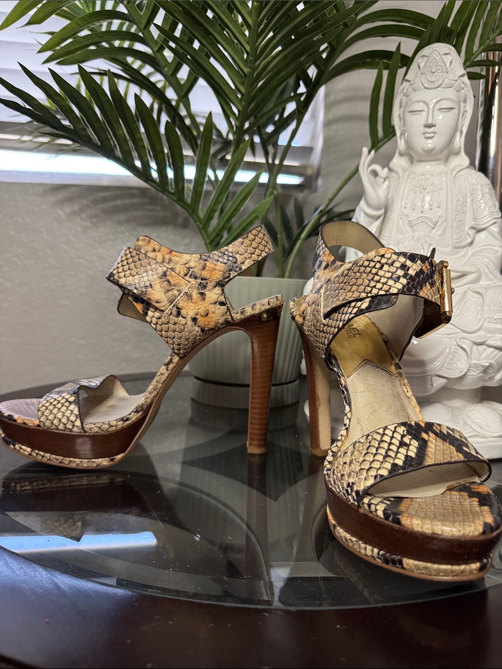 Michael Kors Snake-Print Platform High Heel Sandals - Beige/Brown